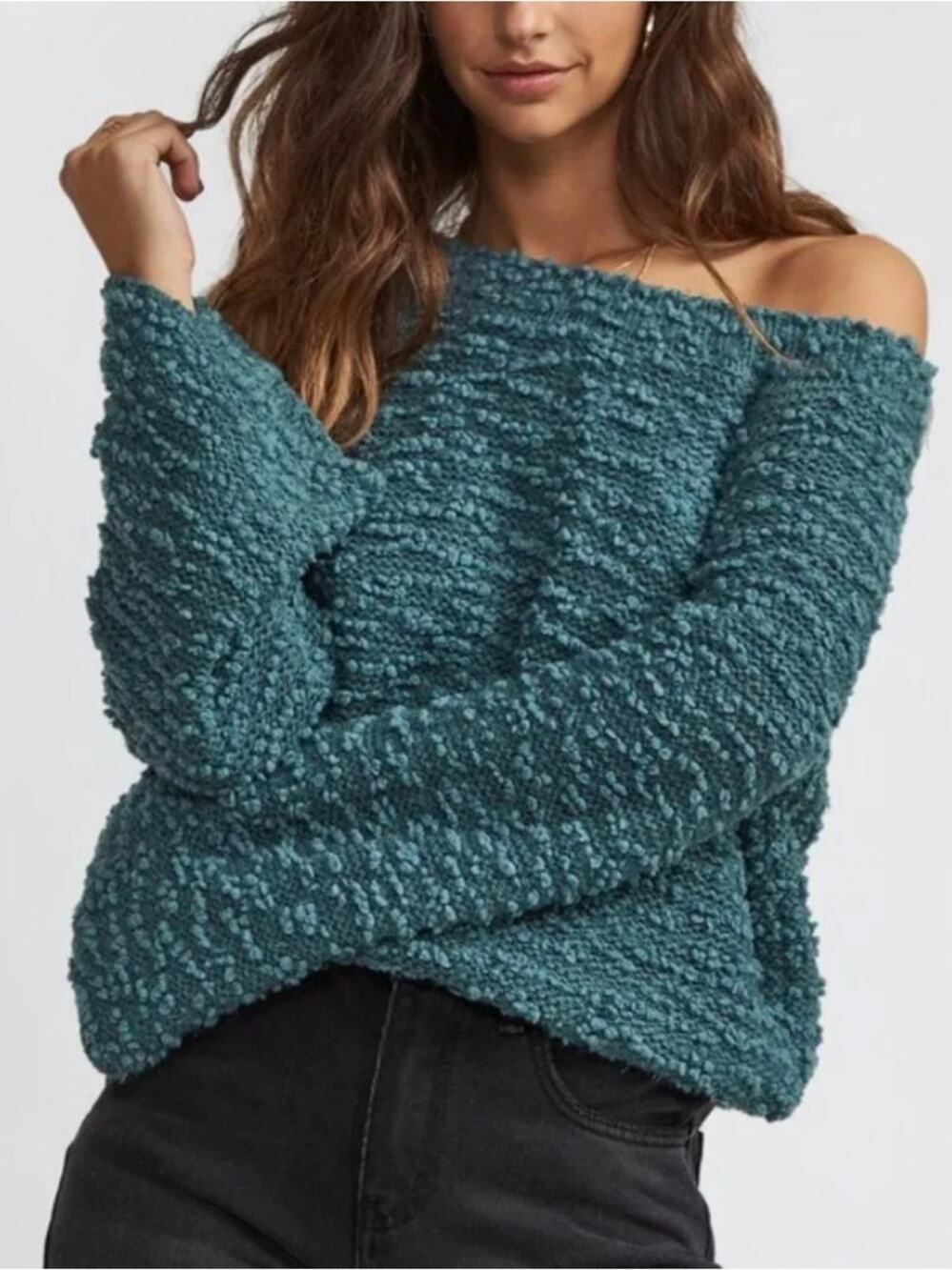 Billabong Women’s Teal Bouclé Cropped Scoop-Neck Sweater Size S